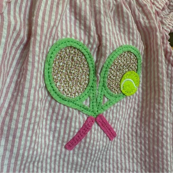 Mud Pie Pink & White Striped Seersucker Ruffle Romper w/ Tennis Racquets & Ball - Picture 9 of 11
